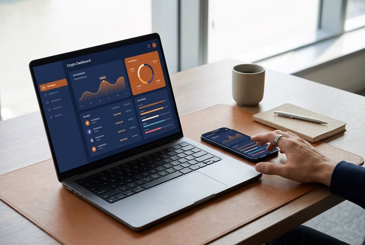 Laptop and smartphone showing sleek crypto wallet portfolio dashboard interface