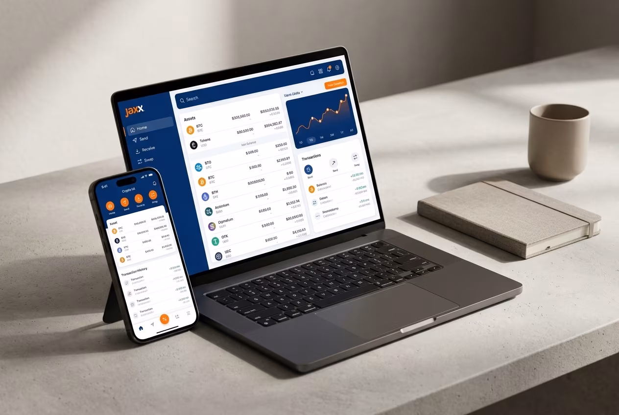 Crypto wallet dashboard on mobile and desktop with dark UI