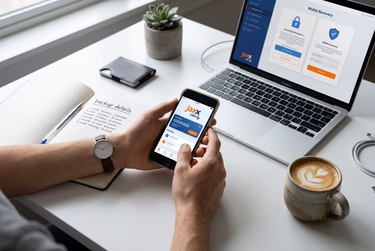 User reviewing backup details for Jaxx Liberty wallet recovery