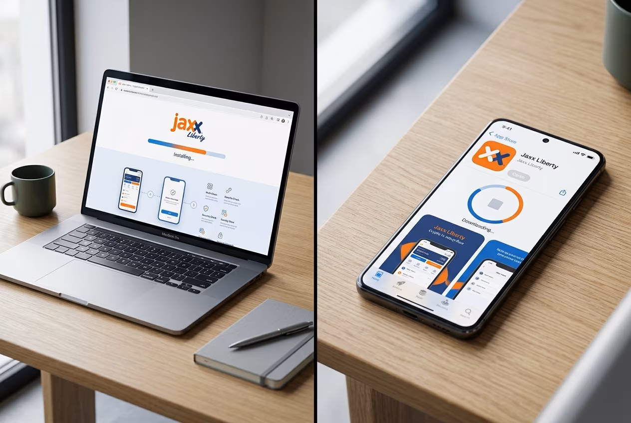 Jaxx Liberty wallet interface shown on desktop and mobile devices
