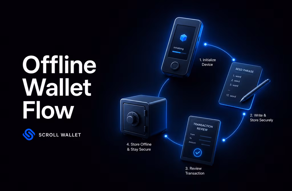 Offline Bitcoin wallet setup flow with secure seed backup and storage