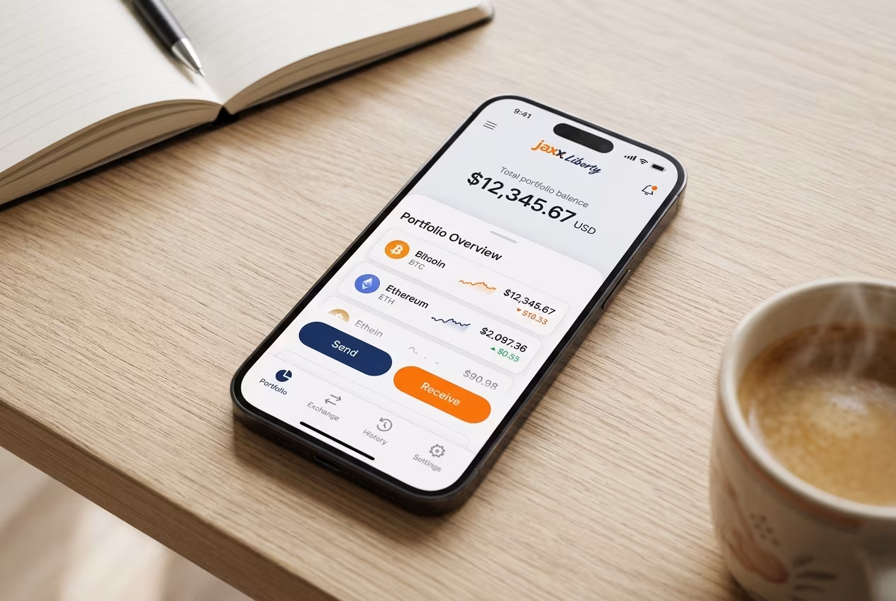 iPhone screen displaying Jaxx Liberty crypto wallet dashboard interface