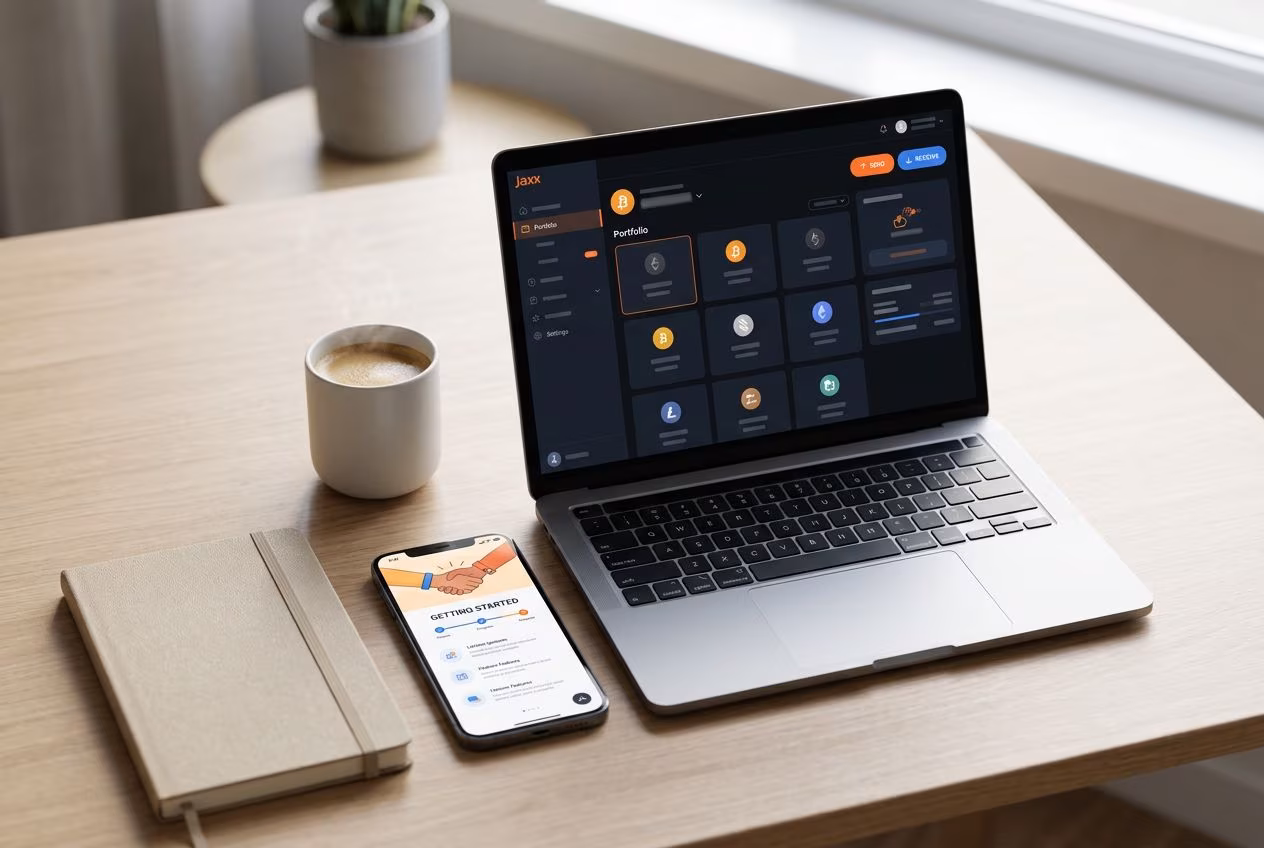 Jaxx Liberty wallet interface shown on desktop and mobile devices