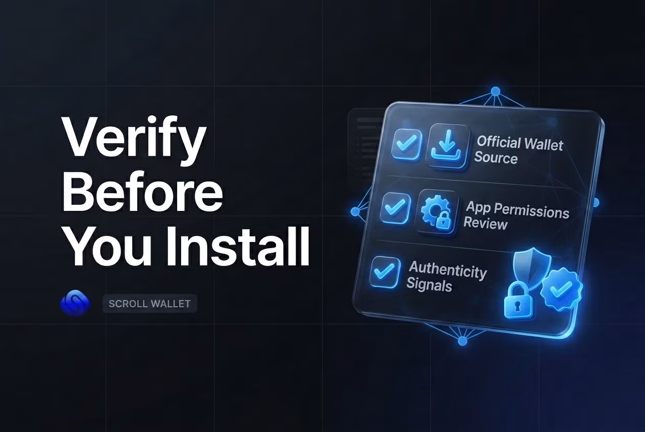 Visual checklist verifying official wallet sources and authenticity signals