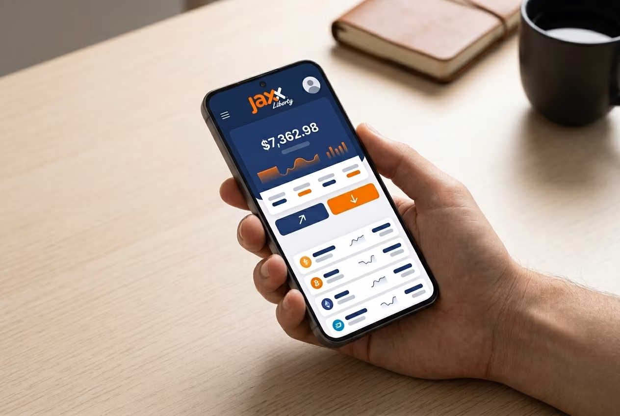 Android phone showing Jaxx Liberty wallet dashboard on the go