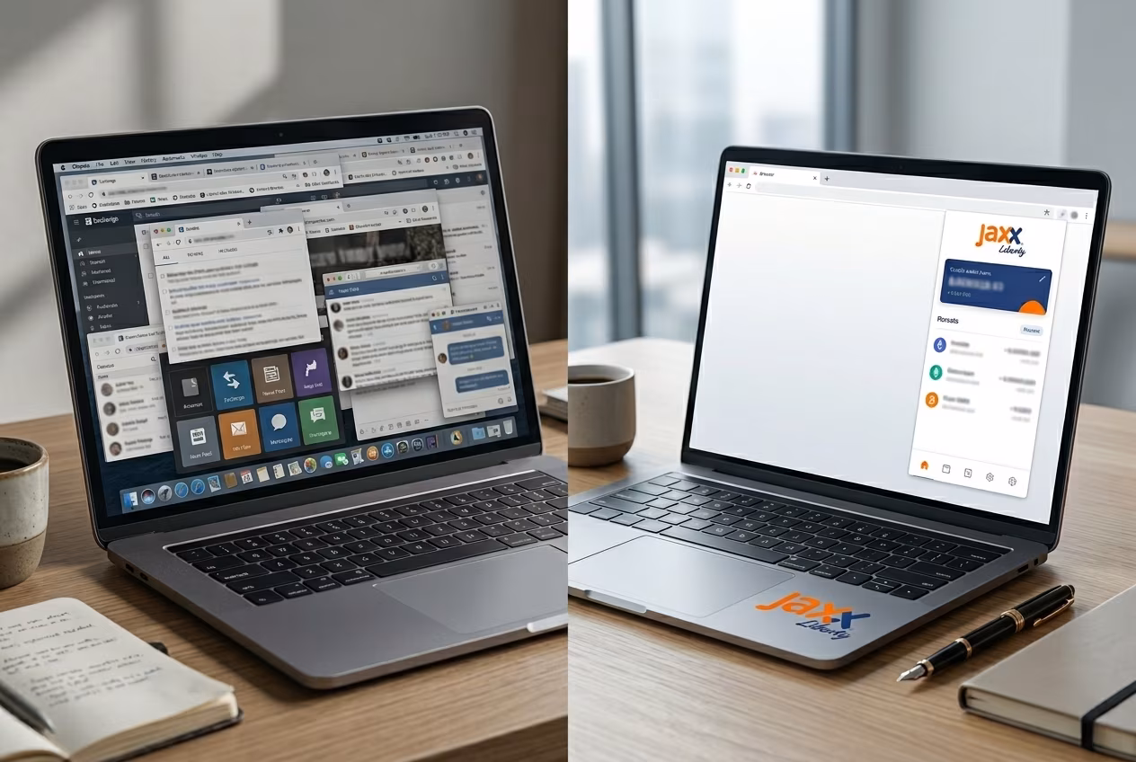 Jaxx Liberty browser extension panel showing portfolio balances and quick actions