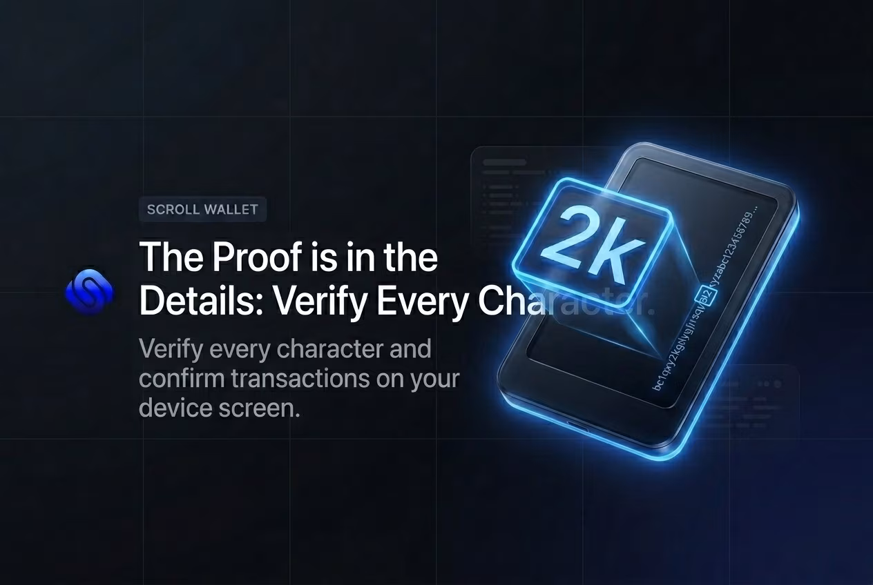 Device screen showing bitcoin address verification checking every character carefully