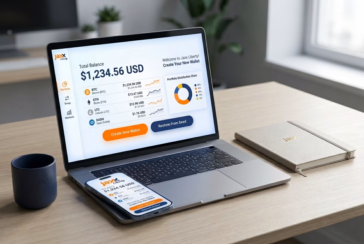 Jaxx Liberty wallet interface shown on desktop and mobile devices