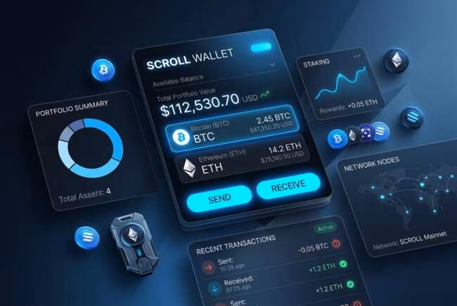 popular digital wallets и баланс Scroll Wallet в тёмной панели
