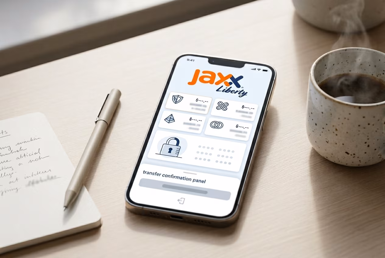 Jaxx Liberty wallet dashboard showing multi-asset overview on mobile and desktop