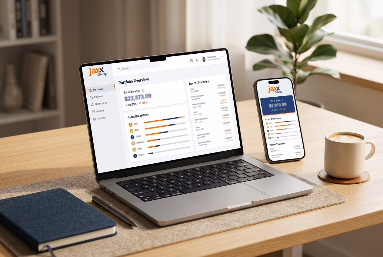 Jaxx Liberty wallet dashboard shown on mobile and desktop