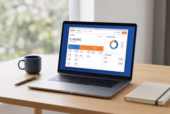 jaxx wallet for pc на ноутбуке в чистом рабочем пространстве