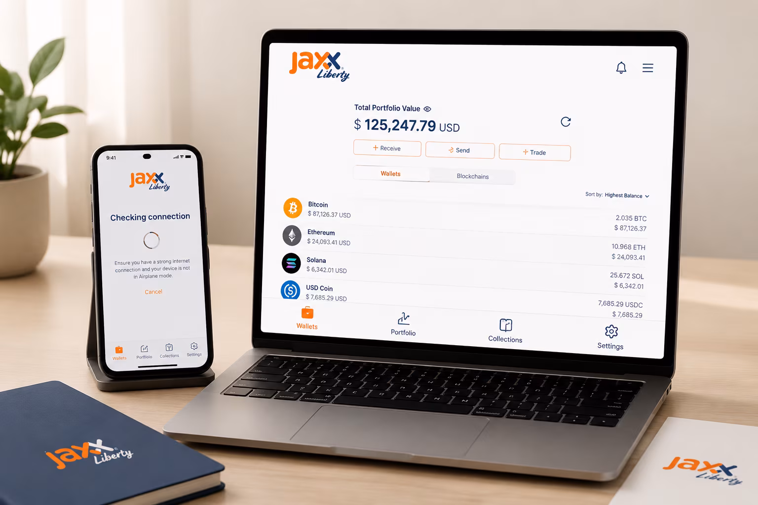 Jaxx Liberty wallet loading state with connection check indicators