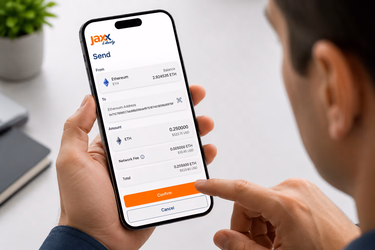 Jaxx Liberty send ETH screen with address amount and confirmation