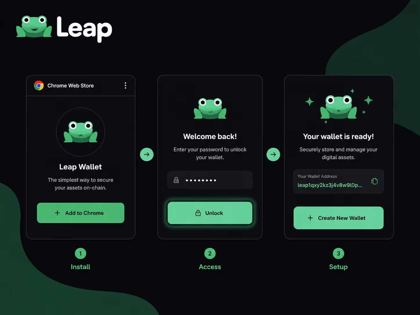 Leap Wallet Chrome extension onboarding from install to account setup
