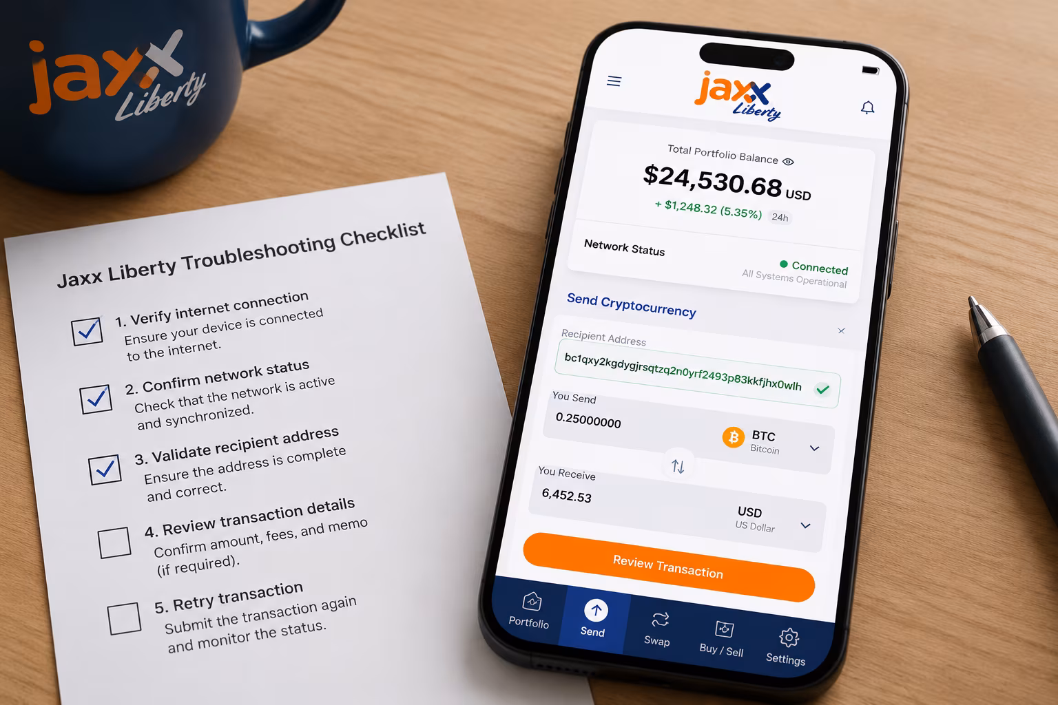 Jaxx Liberty send screen with warning highlights on balance and fee fields
