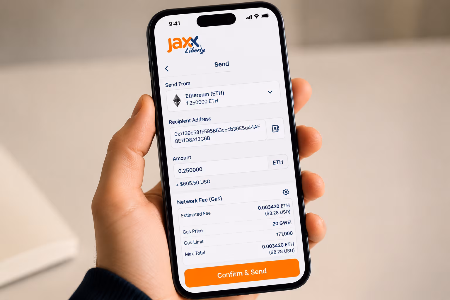 Jaxx Liberty send ETH screen with address amount and confirmation