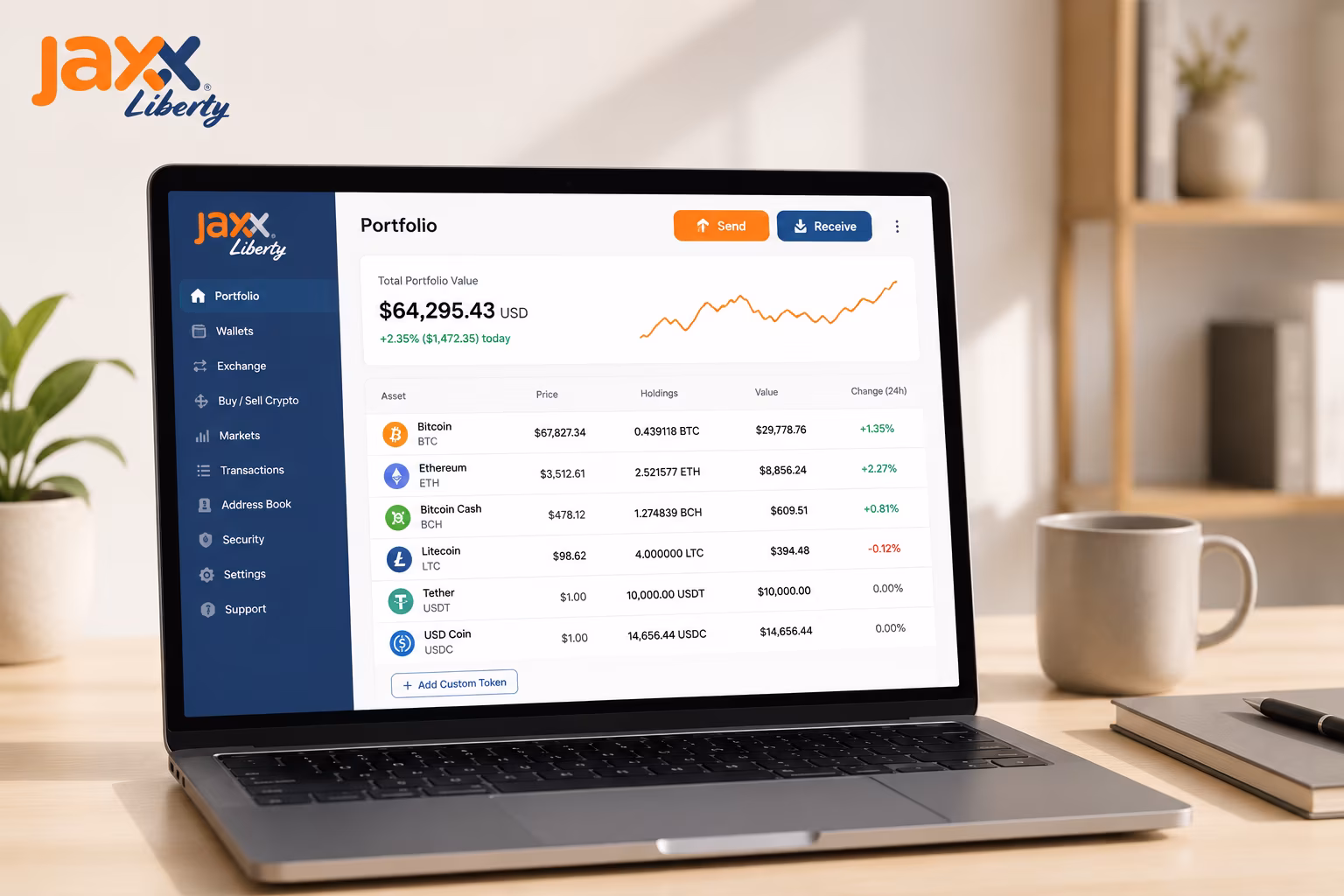 Jaxx Liberty dashboard showing portfolio view and send receive options