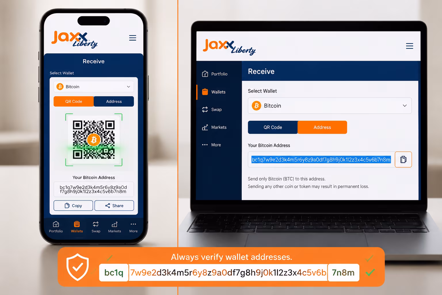 Jaxx Liberty send screen showing asset selection and confirm button