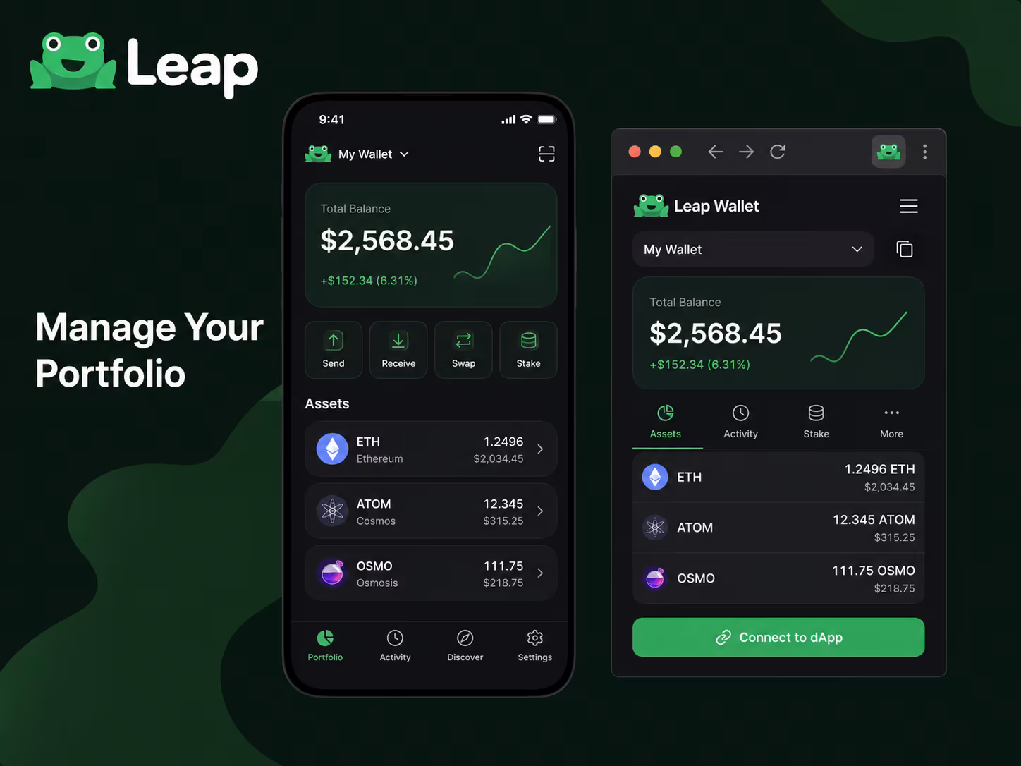 Leap Wallet mobile app and browser extension portfolio interface