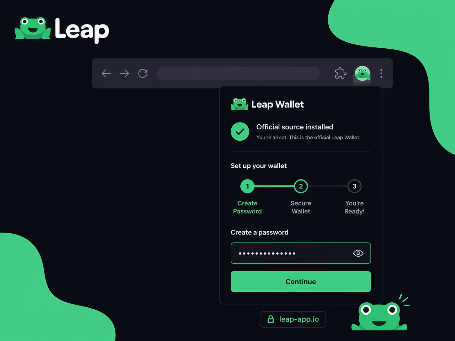 Leap Wallet browser extension setup screen with password creation onboarding