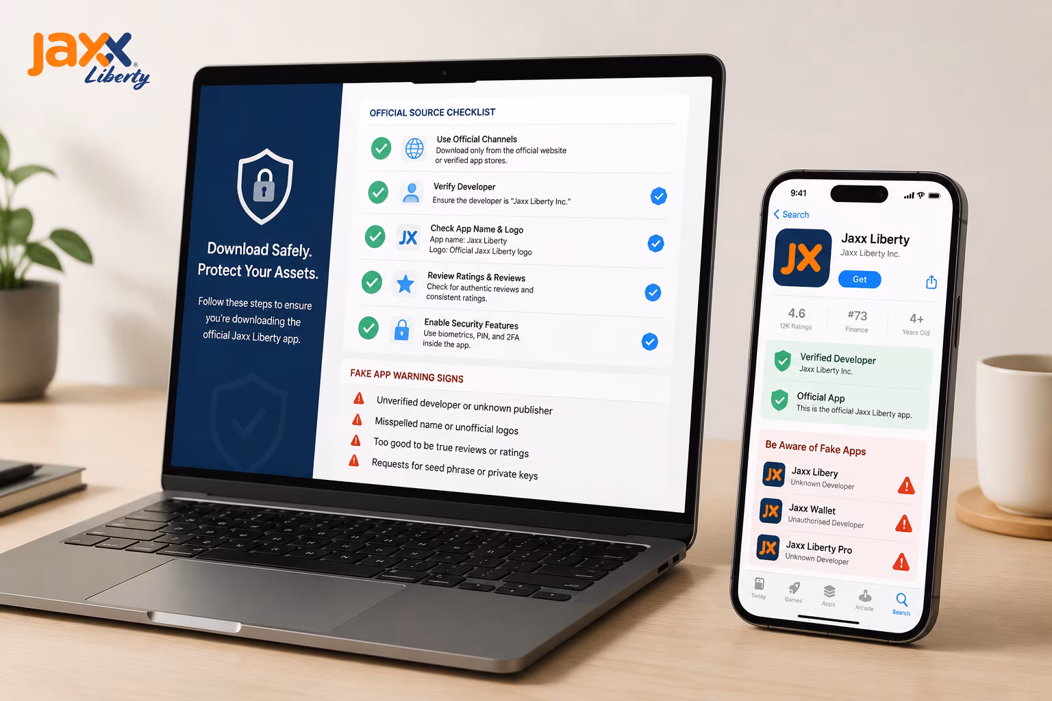 Secure download checklist verifying official sources and fake app warnings