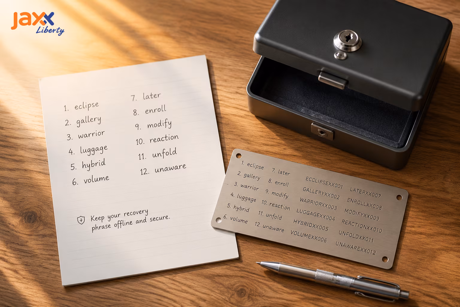 Offline seed phrase backup with handwritten words and metal storage