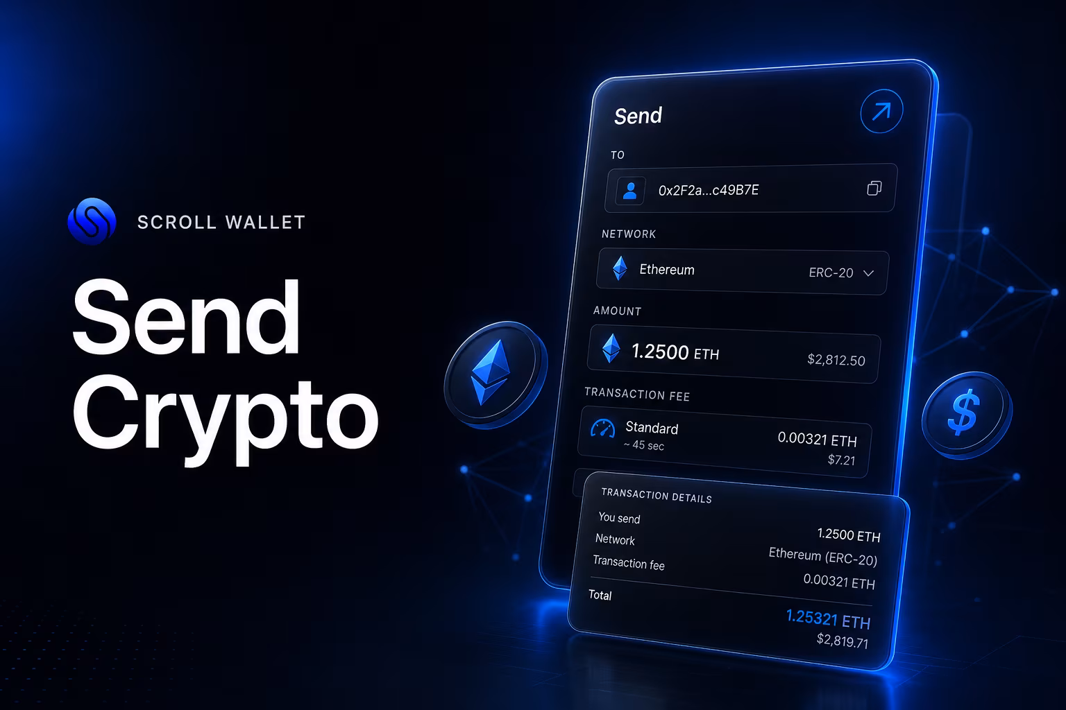 Wallet send screen showing address network fee and confirmation details