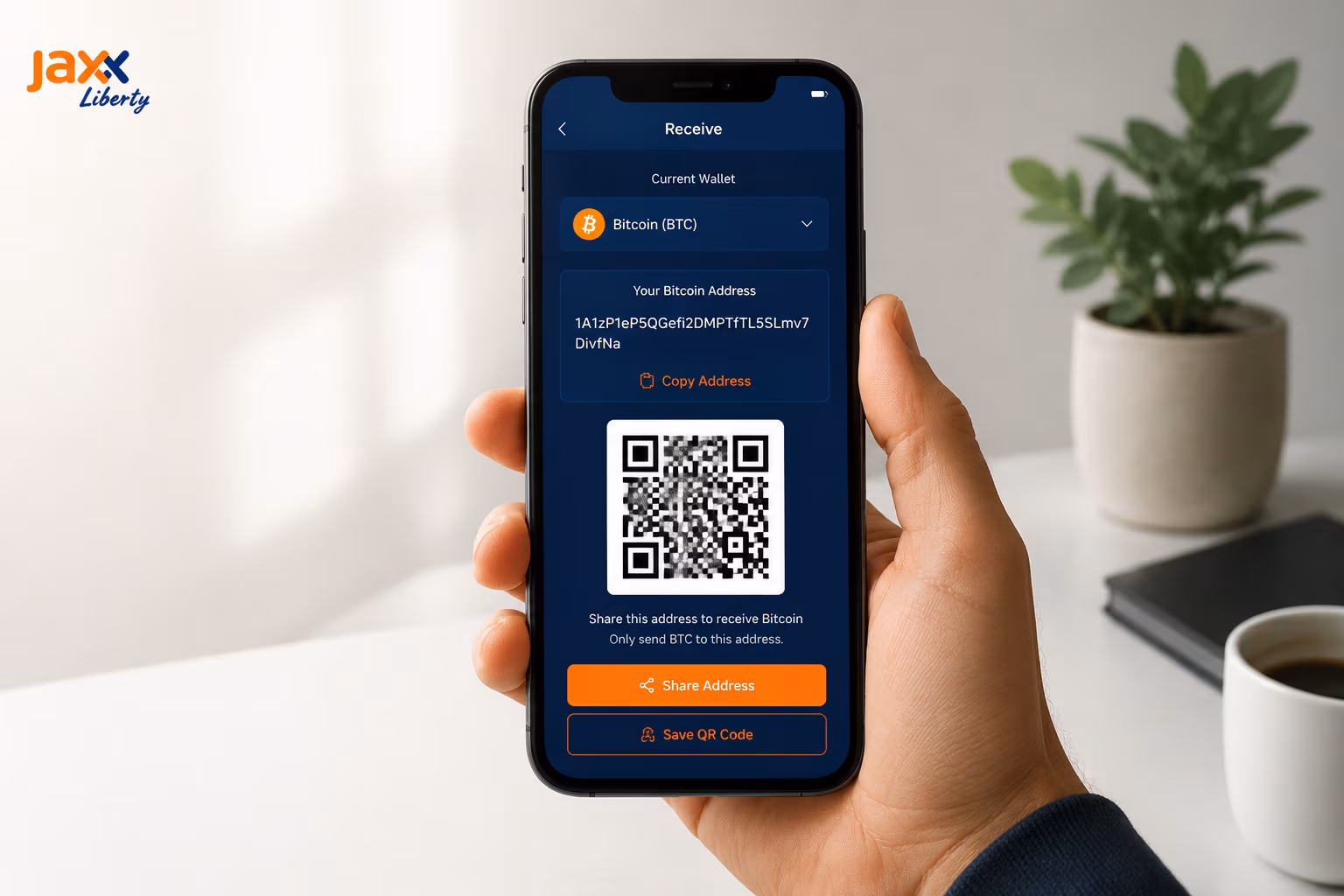 Receive screen showing wallet address and QR code for sharing