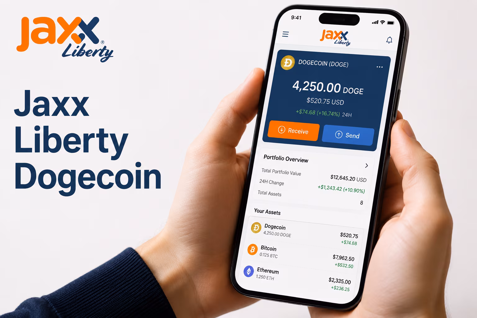 Jaxx Liberty wallet dashboard showing DOGE balance and send receive buttons