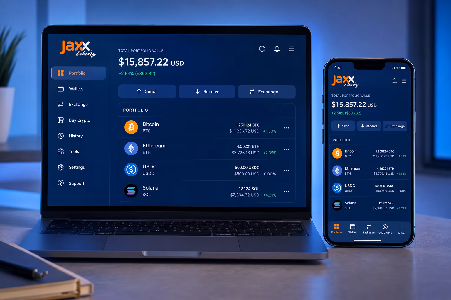 Jaxx Liberty updated dashboard displayed on desktop and mobile