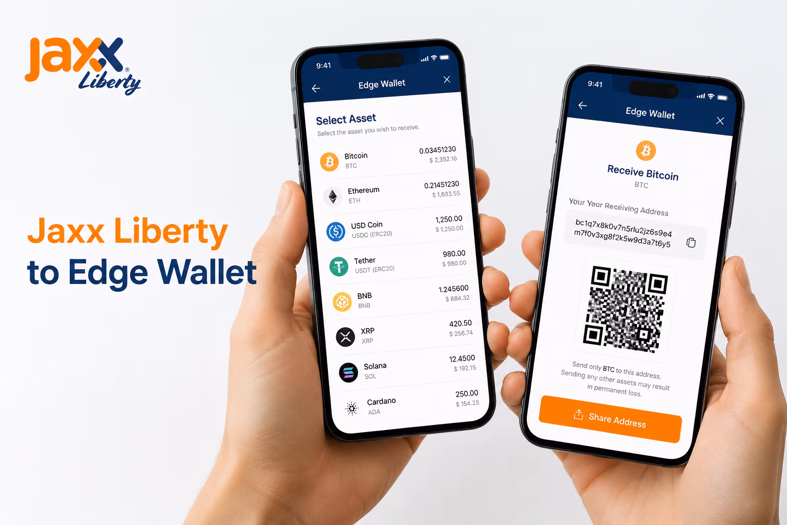 Edge Wallet receiving address screen shown during asset selection