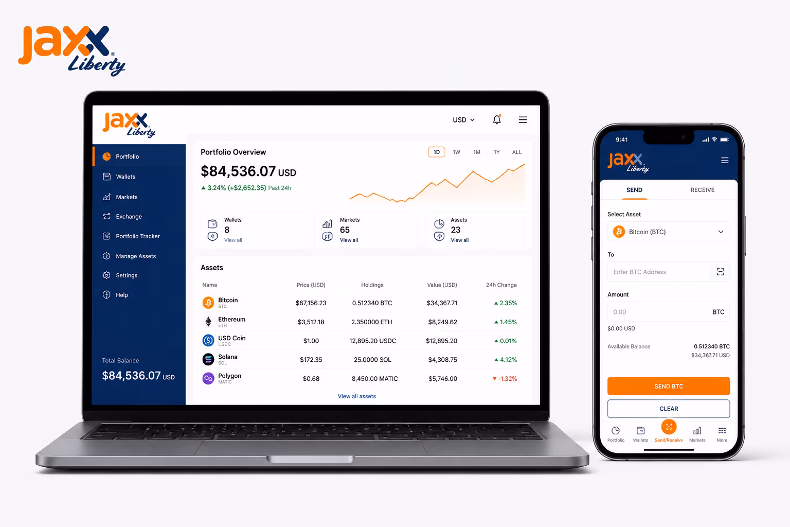 Jaxx Liberty wallet dashboard and send-receive interface on desktop and mobile