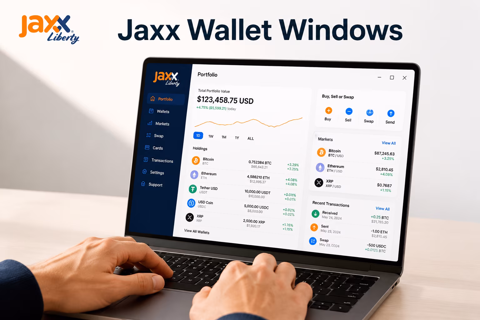 Jaxx Liberty Windows dashboard showing portfolio balances and transaction tools
