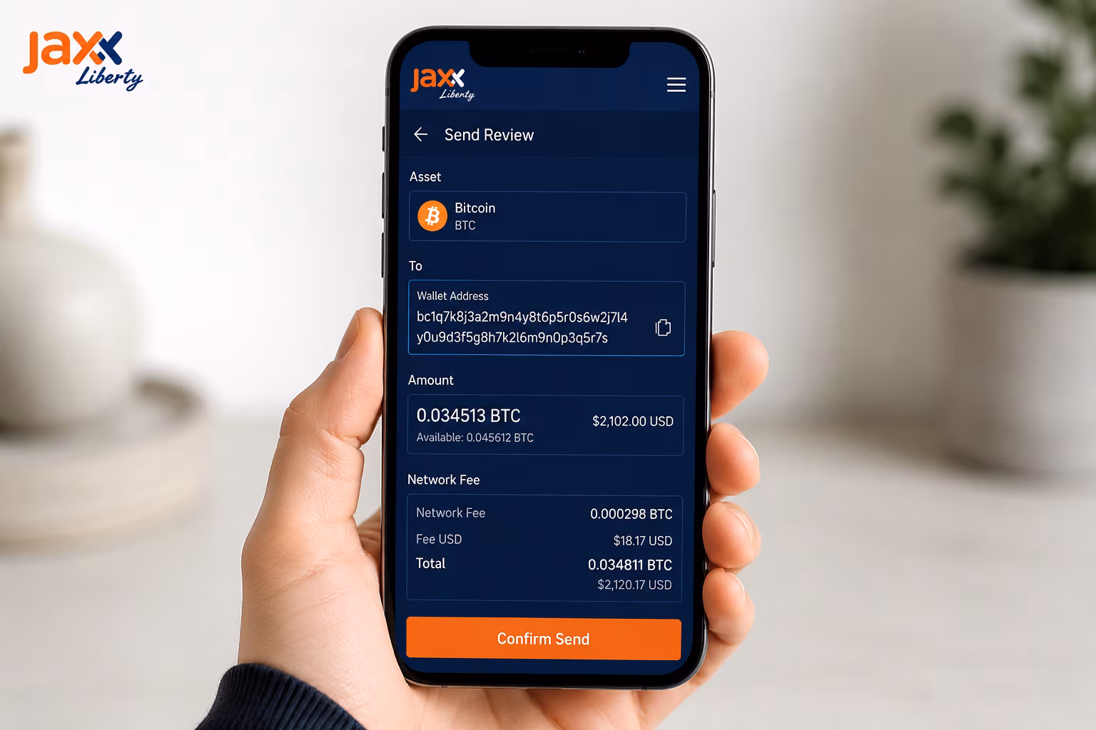 Jaxx Liberty send review screen showing asset amount and network fee