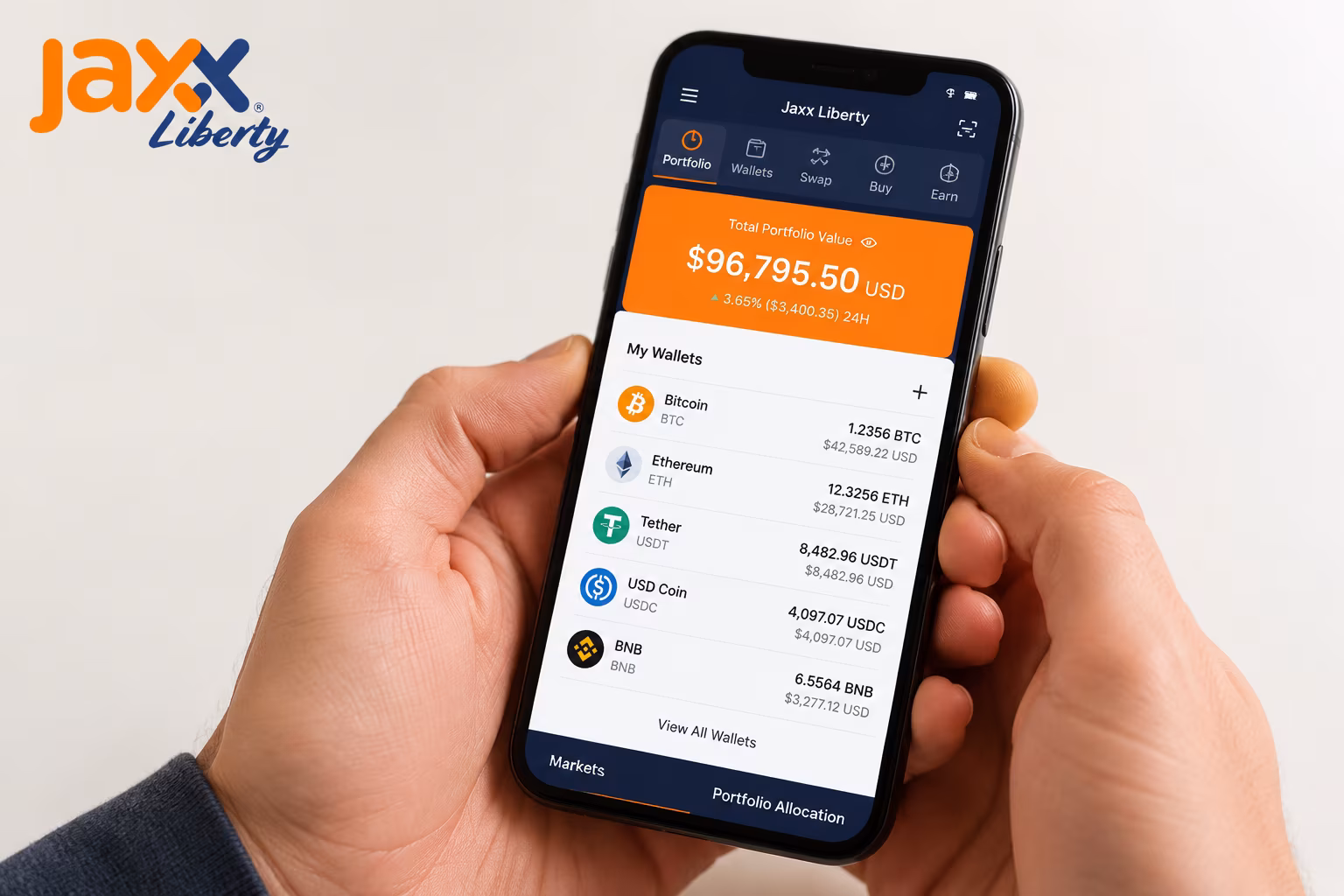 Jaxx Liberty dashboard showing portfolio wallets balances and navigation tabs