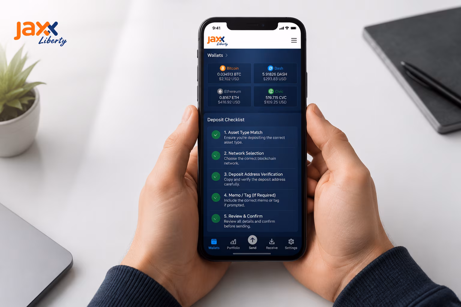 Visual checklist for verifying crypto deposit address and network settings