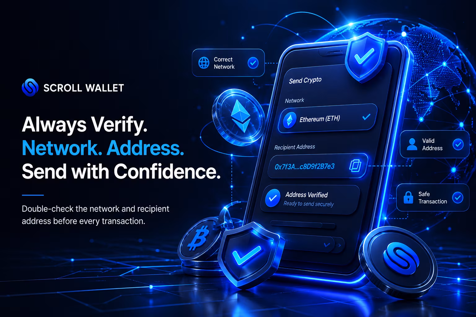 Verifying network and deposit address before sending crypto assets