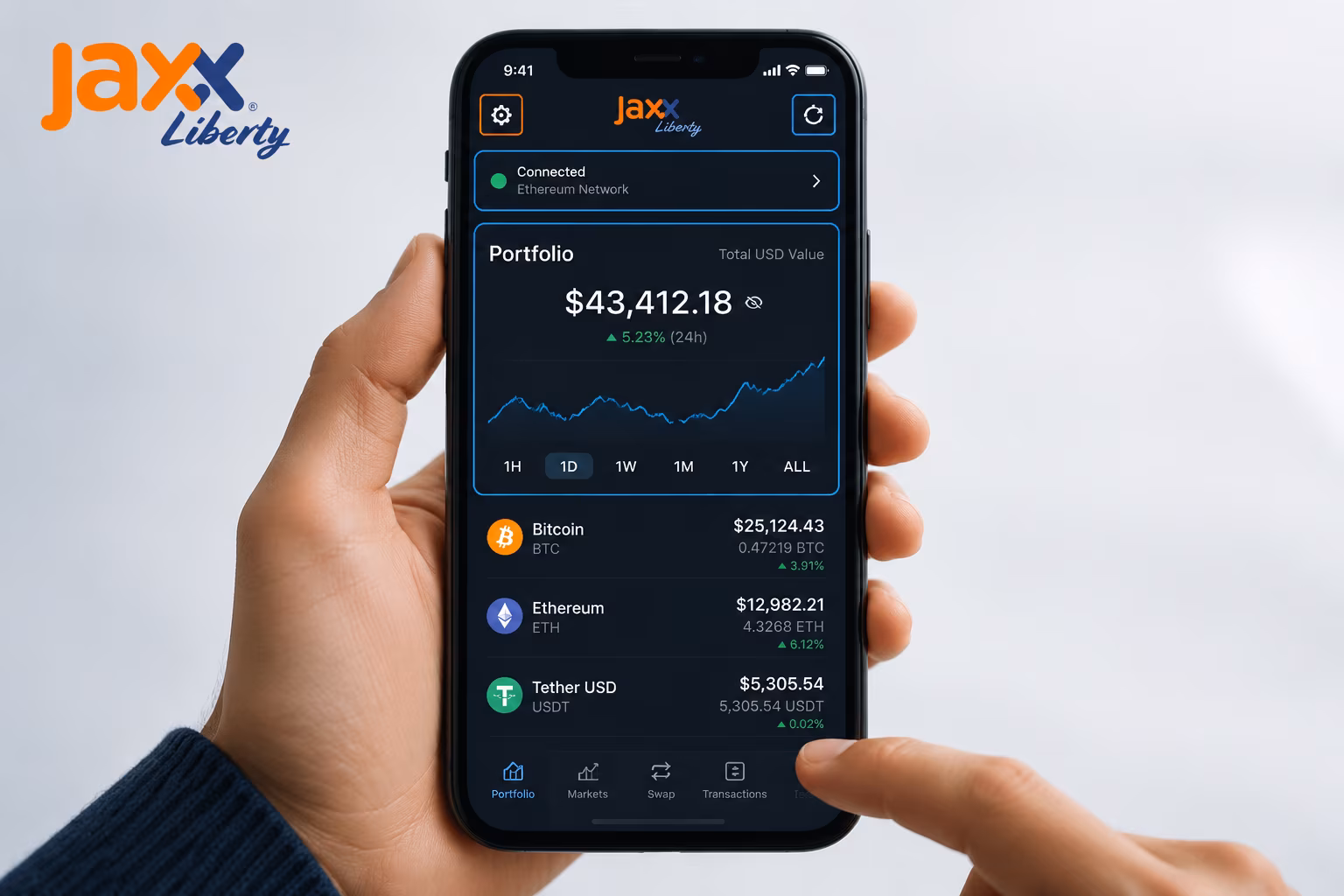 Jaxx Liberty wallet dashboard showing portfolio network and settings areas