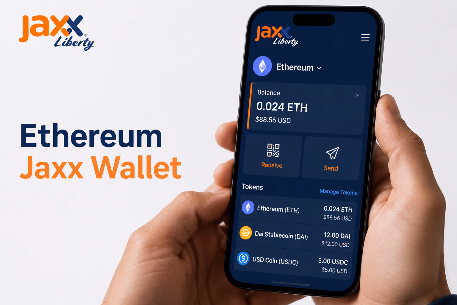Ethereum wallet dashboard showing balance receive send and token sections
