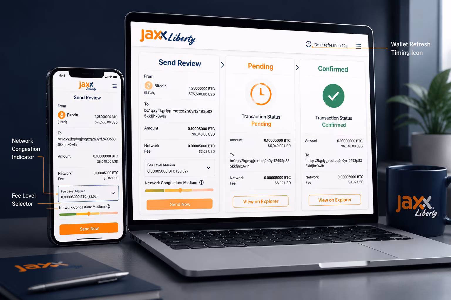 Jaxx Liberty send screen highlighting network fee and address blockers