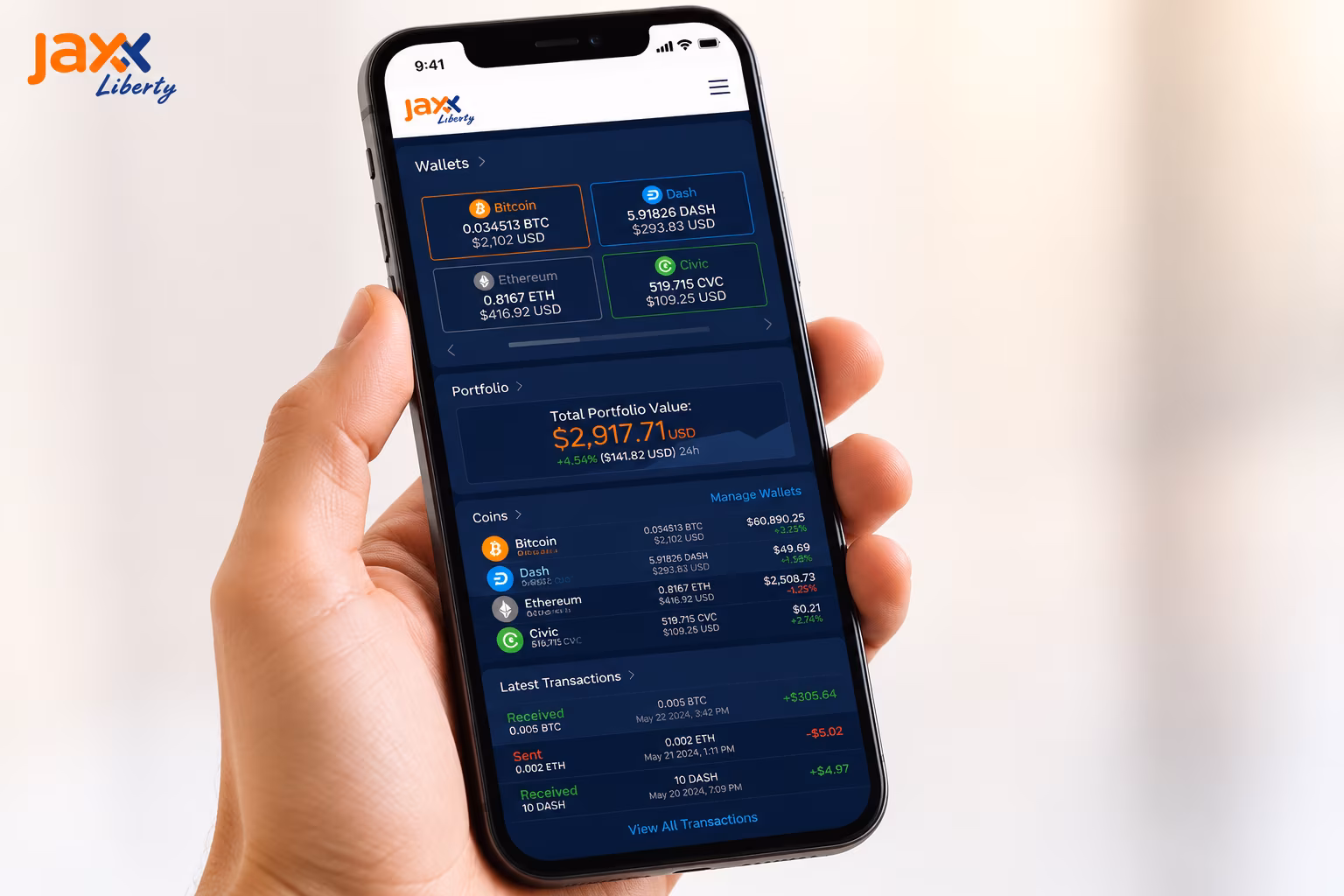 Jaxx Liberty wallet dashboard showing balances coins and portfolio widgets