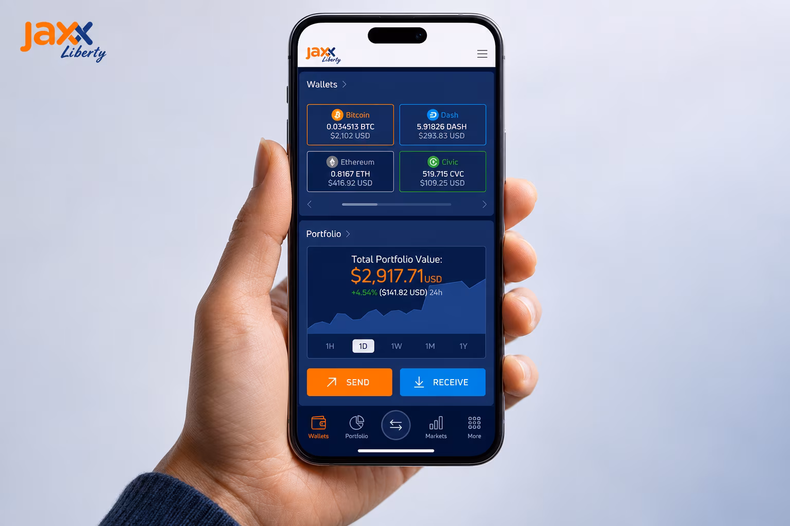 Jaxx Liberty wallet home screen with portfolio and quick actions