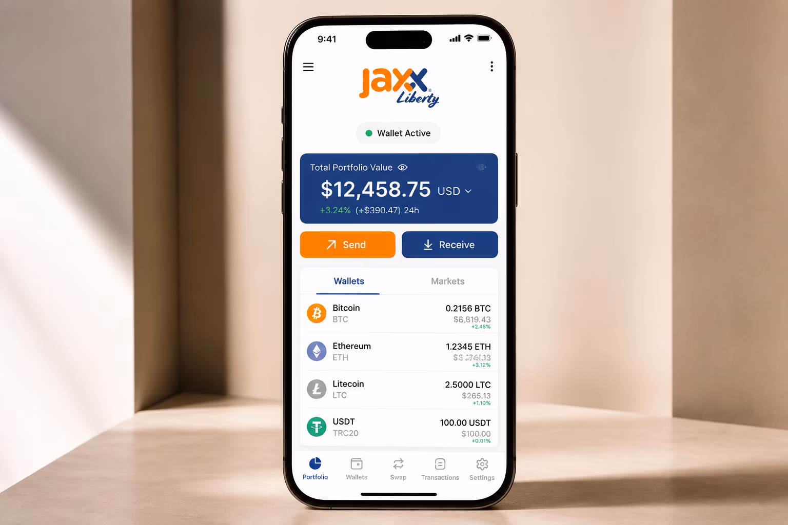 Jaxx Liberty wallet dashboard showing stable balances and active status