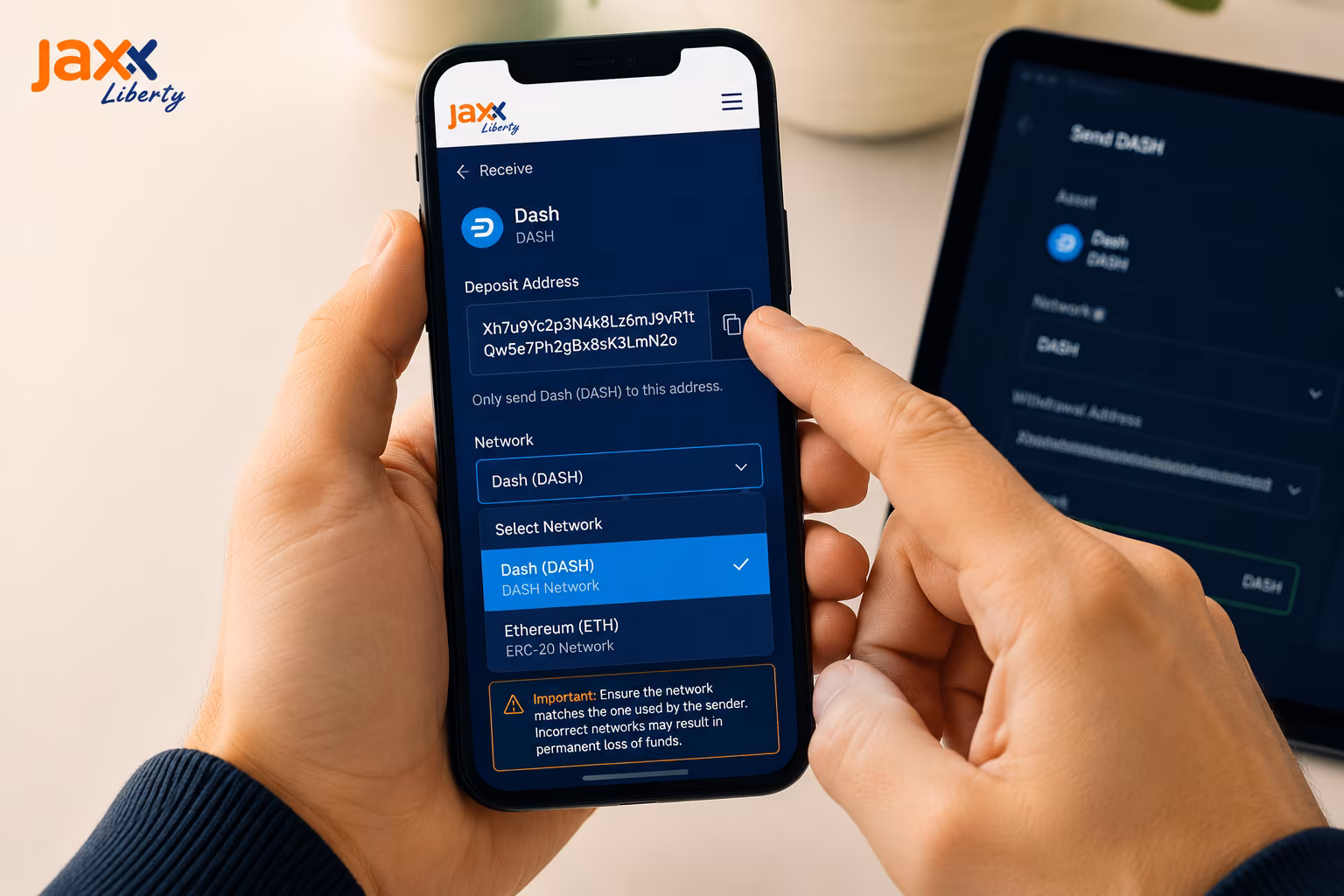 Copying correct deposit address and matching transfer network in Jaxx Liberty