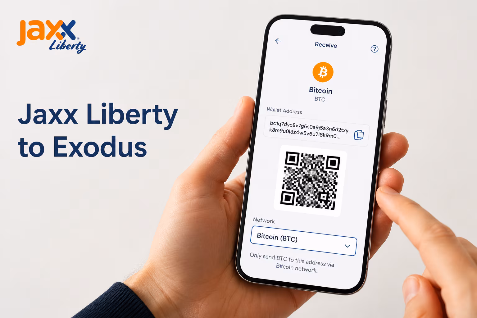 Receive screen with QR code and network selection for crypto transfer