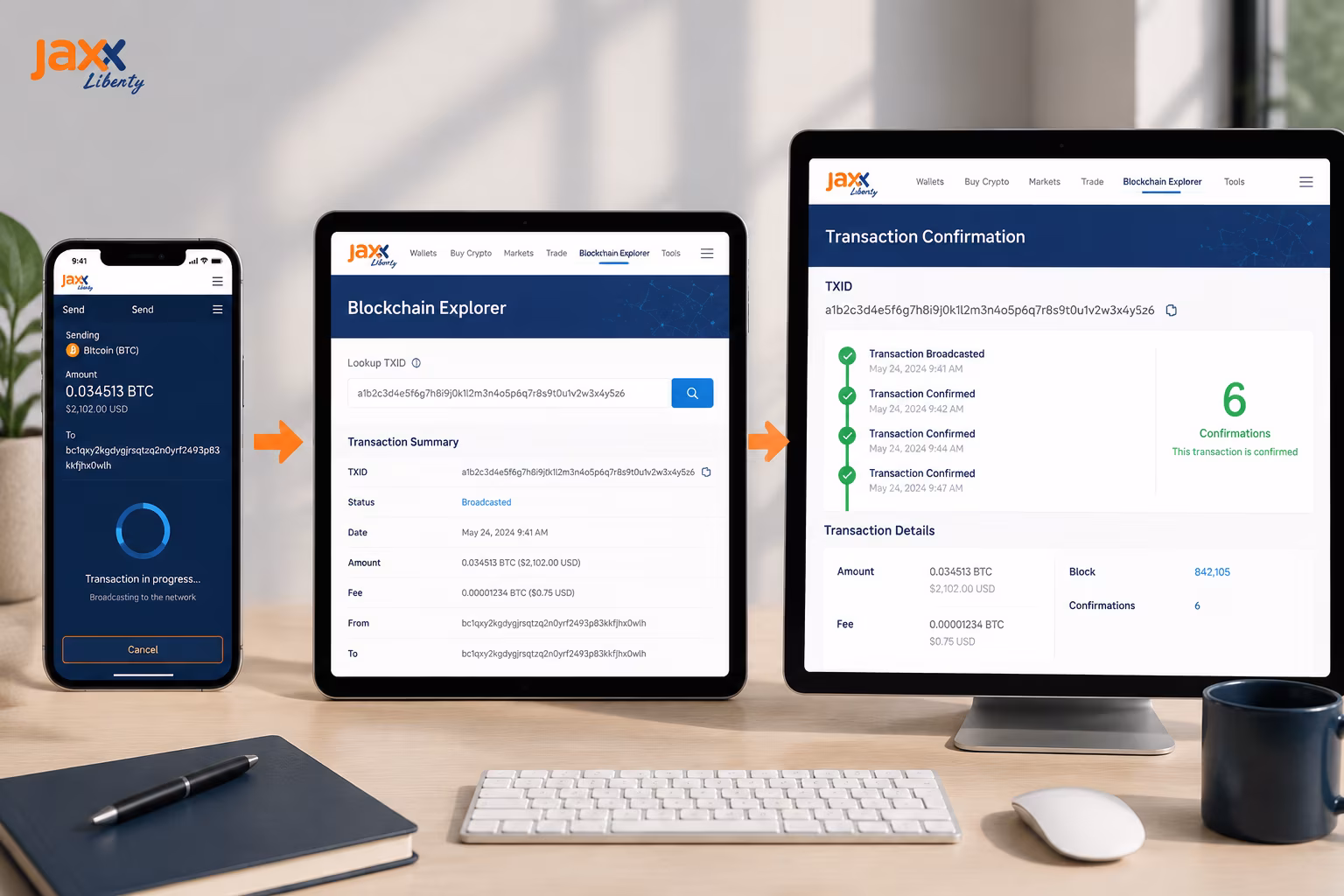 Jaxx Liberty wallet send screen TXID lookup confirmation tracking flow