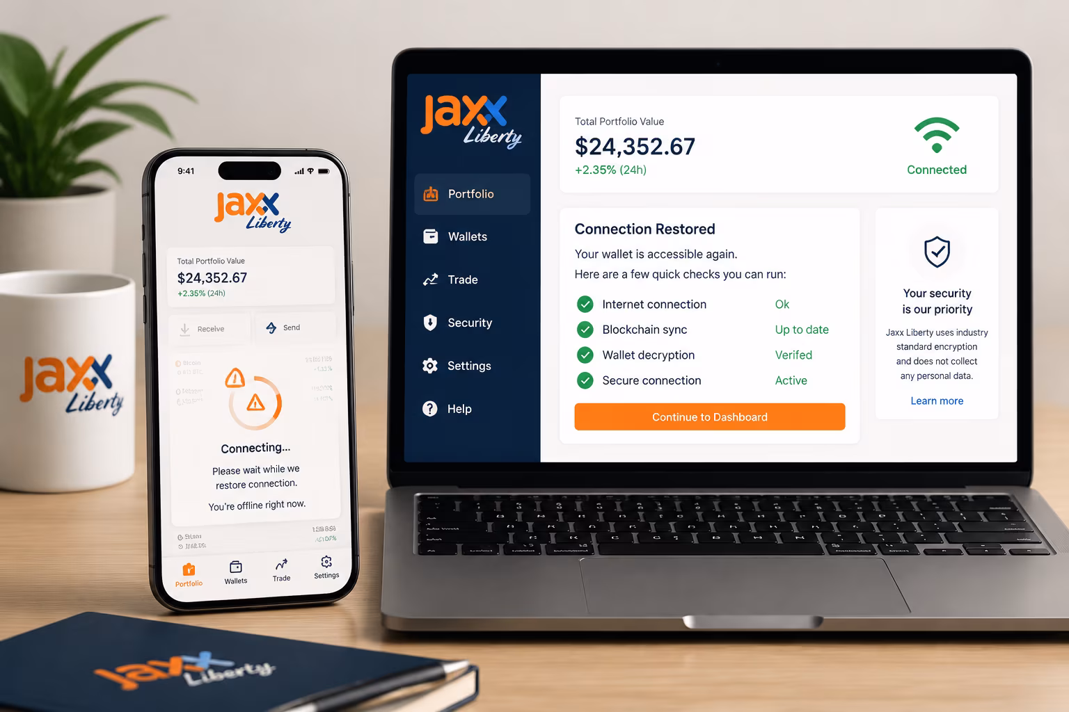 Jaxx Liberty wallet loading state with connection check indicators