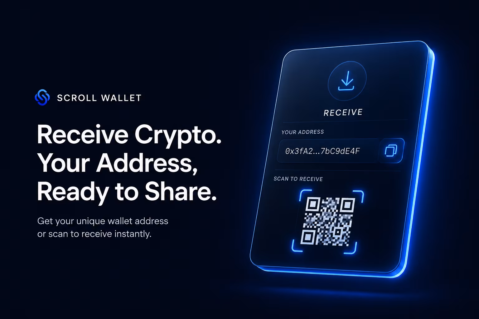 Wallet receive screen showing address copy and QR scan options