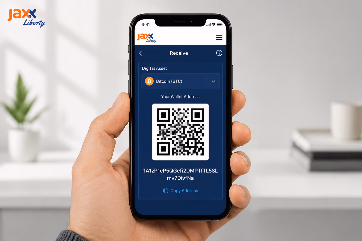 Jaxx Liberty receive screen showing wallet address and QR code